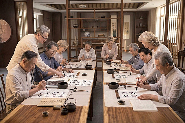 一群老年人在写毛笔字