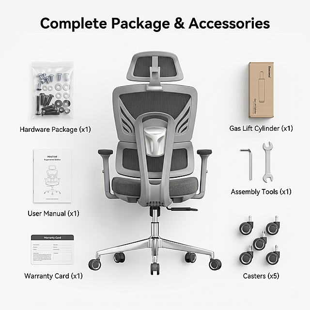 [Main Image 9] Product package and accessories display. Knolling layout, the office chair main body is placed in the center, all accessories (hardware package, manual, warranty card, tools) are neatly arranged around. The name and quantity of each accessory are marked with small text. Top title "Complete Package & Accessories", the whole picture on white background, clean layout. Keep the main chair appearance consistent with original image. Neutral soft studio lighting, clear product display. 1:1 ratio, 2k resolution, ultra HD. Negative prompt: deformation, watermark, text disorder, blurred product image, messy background.