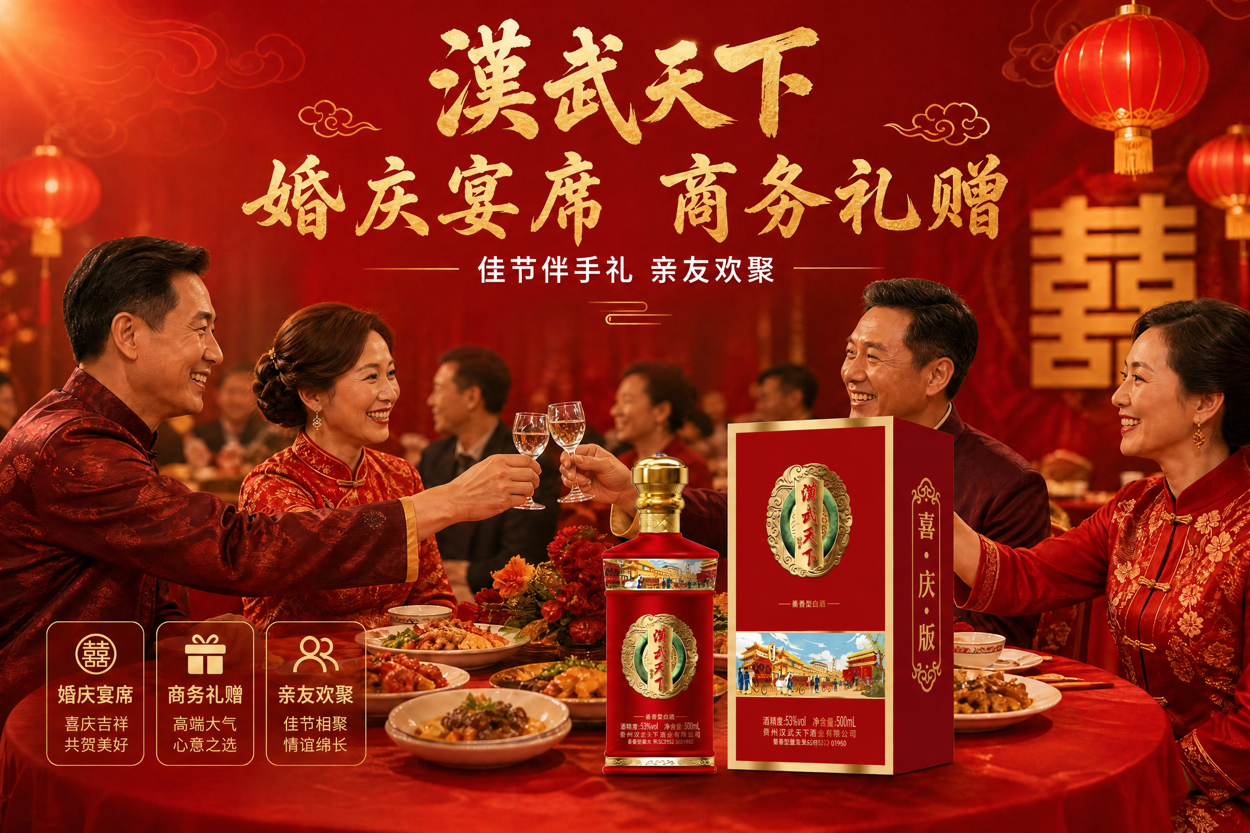 以第一张婚庆宴席场景宣传图为基础重新生成，保持整体构图、深红背… - 图片创意预览