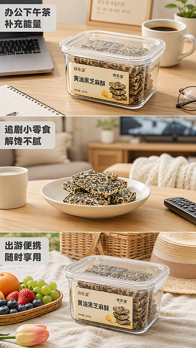 「图片1」，生成一套详情页（6张），商品名称是诗乐滋黄油黑芝麻酥，适配淘宝/天猫平台，详情页比例为9:16