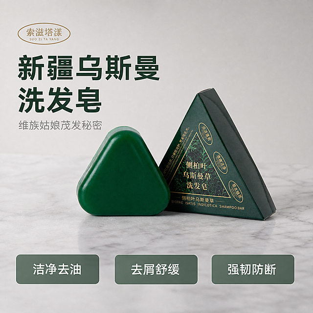 [主图-1] 新疆乌斯曼洗发皂产品首图。
[氛围风格] 现代酒店高级极简风，干净自然
[画质] 商业摄影质感、光线柔和通透、产品清晰真实、画面干净高级。
[元素] 三角形绿色洗发皂搭配同色系包装，居中放置在现代简洁浅灰色大理石台面上，背景为浅灰色干净墙面，左上角提取原产品品牌文字保留原有设计，商品主体占比严格控制在60%-80%之间，保持洗发皂外观（物理结构、材质质感、颜色）与输入产品图绝对一致，杜绝任何变形和色差，精细化处理。画面满屏无边框。
[光影] 明亮柔和的顶侧光，干净通透，主体高光清晰，暗部层次丰富，背景均匀无杂质
[配色] 主色调高级浅灰，搭配产品本身绿色，简洁高级
[视角构图] 平视45度斜视角，景深适中，产品完整居中不裁切
[文字版式] 左上角负空间左对齐留安全边距，大字文案写"新疆乌斯曼 洗发皂"，深绿色粗体无衬线，辅助短句写"维族姑娘茂发秘密"，浅灰色缩小字号，底部三色块均匀分布卖点：洁净去油 去屑舒缓 强韧防断，白色文字配半透明深绿色底。文字不遮挡产品主体，清晰可读。
[比例分辨率] 1:1 比例，2048x2048 分辨率，文字清晰可辨，超高清。
[负向提示词] 变形，水印，文字错乱，产品图模糊，背景杂乱，文字遮挡主体