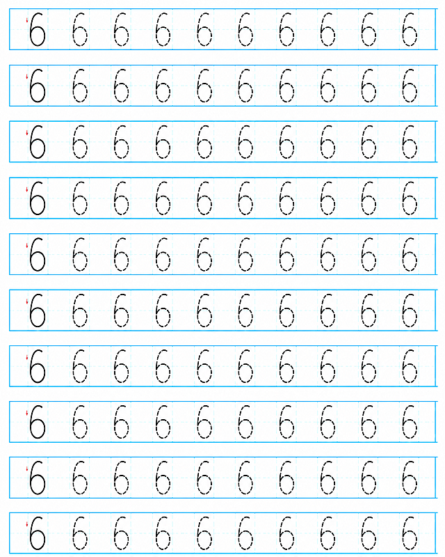 数字6描红练习字帖，蓝色田字格配蓝色虚线辅助线，每行第一个数字6是实心黑色带红色起笔箭头，其余数字6是黑色虚线描红样式，共10行，每行10个格子，简洁清晰的幼儿练字帖风格，与参考图同样式布局