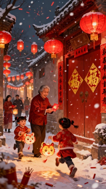 中国红为主色调的传统元旦场景，红灯笼挂满街巷，家家户户门口贴着金色福字与春联，长辈给晚辈发红包，孩子们提着生肖灯笼奔跑嬉戏，背景是飘着细雪的古街，空气中弥漫着鞭炮纸屑的喜庆感，风格浓厚传统，传递阖家团预览效果