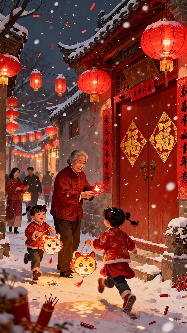中国红为主色调的传统元旦场景，红灯笼挂满街巷，家家户户门口贴着金色福字与春联，长辈给晚辈发红包，孩子们提着生肖灯笼奔跑嬉戏，背景是飘着细雪的古街，空气中弥漫着鞭炮纸屑的喜庆感，风格浓厚传统，传递阖家团圆的年味氛围