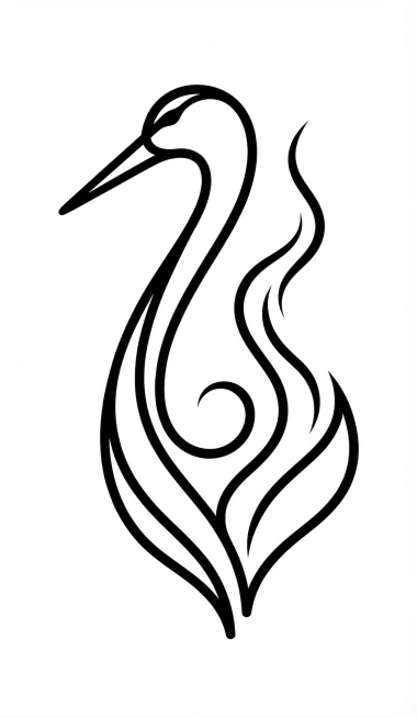 基于这张草图重新设计logo：保留鹤的优雅侧面轮廓，将鹤的身体部分线条重新梳理融合一缕升腾柔和的烟雾，线条流畅简约，具有东方美学韵味，单色黑色，白色背景，矢量风格图形logo，极简设计，几何构图，曲线预览效果