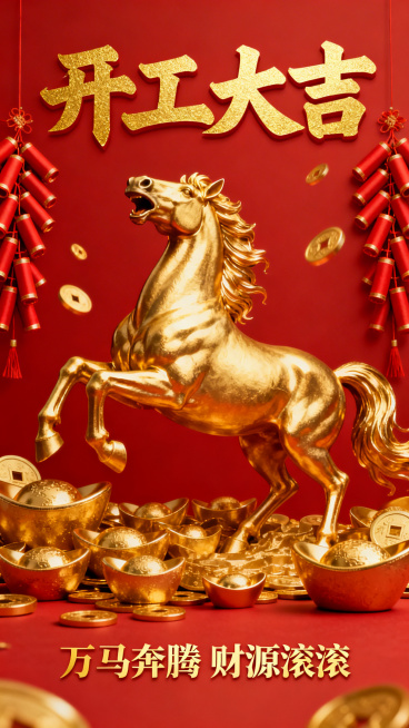 马年开工大吉喜庆海报，红色主色调，画面中央是昂首嘶鸣的鎏金骏马，周围环绕金色元宝和红色鞭炮，顶部是烫金“开工大吉”大字，下方配“万马奔腾 财源滚滚”金色字样，喜庆热烈预览效果