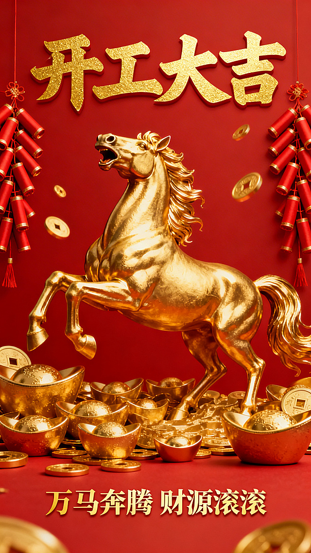 3D重拟物风格，鎏金骏马踏金元宝，红底配金文，中式喜庆奢华感十足，寓意开工大吉、财源滚滚。