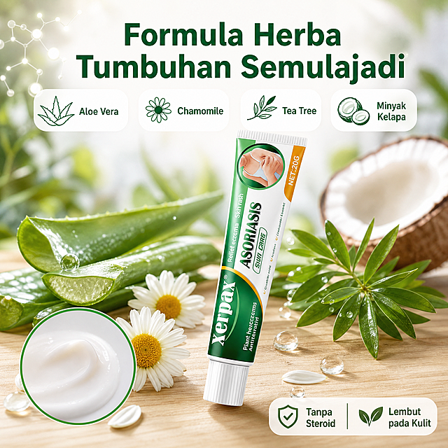 [主图-3] Xerpax Asoriasis Krim Kulit Herba 20g，天然植物成分卖点图，突出草本配方与温和安全。
[统一基调] 马来西亚跨境电商主图，马来语文案，明亮清新风格，品牌主色为深绿+白色+橙黄点缀，主标题用干净无衬线粗体深绿色，辅助文字用深灰色，强调色橙黄色，信息组件用圆角浅绿/白底卡片，整体简洁专业，移动端易读。
[画面] 清新自然场景，浅木色桌面背景，产品软管居中偏右放置，管身略微倾斜。产品周围环绕真实的天然植物元素：新鲜芦荟叶片、洋甘菊花瓣、茶树叶片、少量透明水滴。左上方有成分分子结构微光点缀。背景虚化，突出产品与植物成分。左下角有一个微距小窗，展示乳膏质地的细腻乳白状态。
[光影质感] 自然光从左上方斜射，柔和窗光质感，植物叶片有通透感，产品表面有自然高光，水滴晶莹剔透，整体温暖清新，植萃天然氛围。
[配色] 浅木色+白色背景基调，绿色植物元素，产品深绿白色，整体自然清新，橙黄色仅作小面积点缀。
[文字版式] 主标题在画面上方居中，大号粗体深绿色马来文："Formula Herba Tumbuhan Semulajadi"。下方四个小圆点标签横向排列："Aloe Vera"、"Chamomile"、"Tea Tree"、"Minyak Kelapa"，每个标签配小图标。右下角小字："Tanpa Steroid  Lembut pada Kulit"。文字均为马来语/英文通用名，横排，清晰不遮挡产品。
[输出要求] 比例1:1，2048x2048，产品清晰，植物真实自然，文字可读。负向：中文、产品变形、虚假成分、夸张医疗效果、人物面部、水印。
