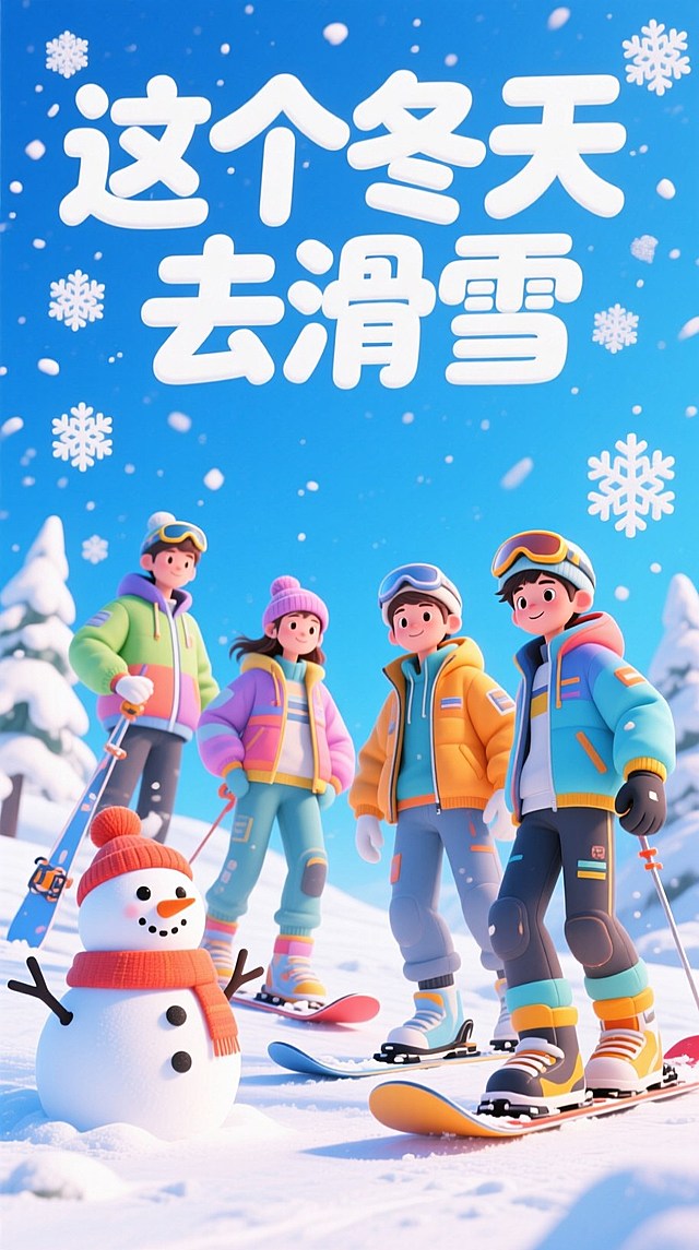 3D卡通风格，以蓝天雪地为背景，画面中有几位穿着潮流冬装的年轻人，搭配雪人、滑雪板、雪花装饰，上方有大号白色圆润字体“这个冬天去滑雪”