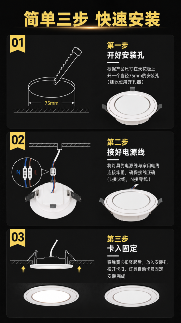 [第4屏] LED筒灯安装步骤演示屏。分三步展示开孔、接线、固定安装全过程，清晰易懂。产品外观保持与参考图一致。
[氛围/风格] 分步教程风格，图文结合，简洁清晰，深色科技背景。
[元素布局] 竖向三预览效果