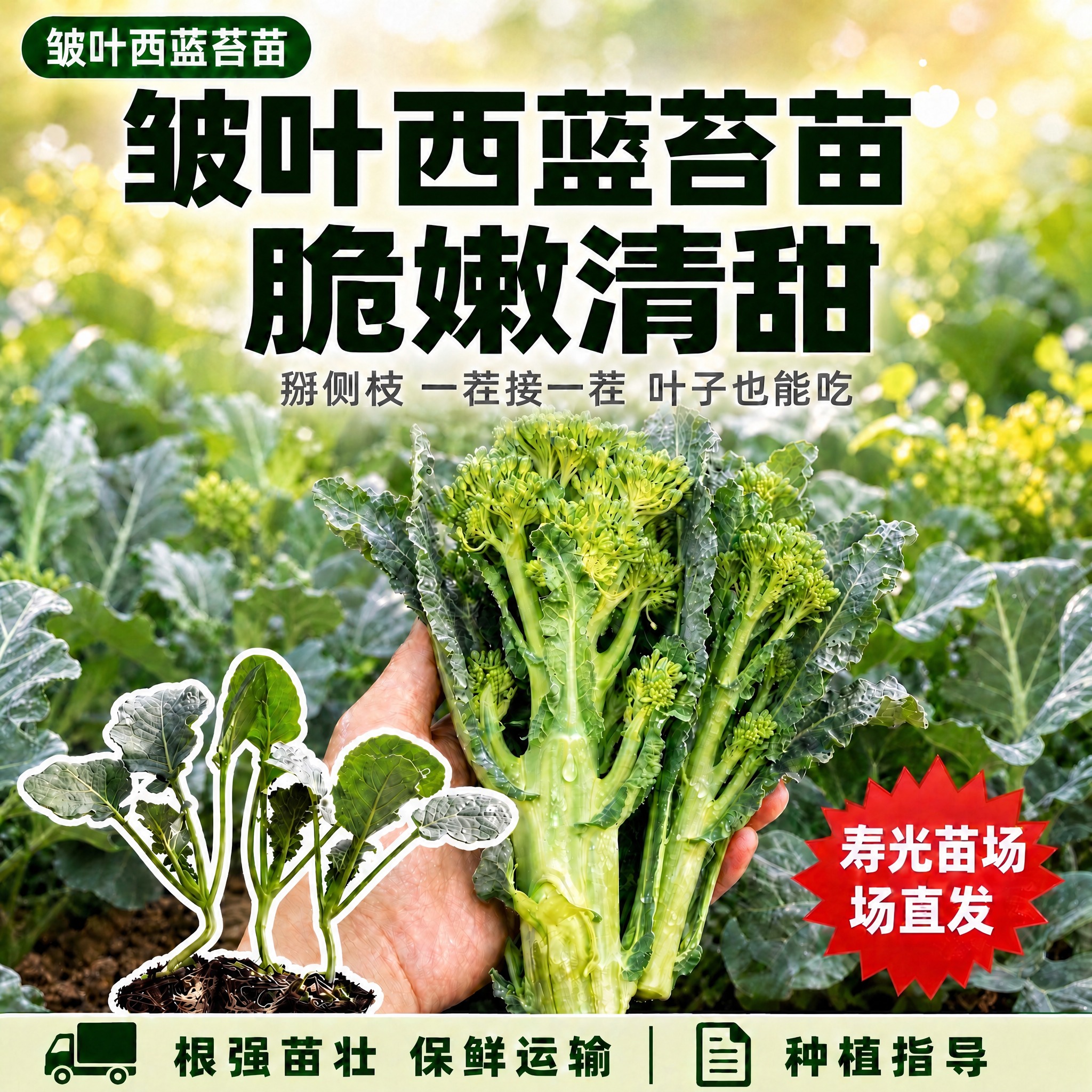 将图片中间深绿色大标题第一行的"皱叶西蓝苔"改为"皱叶西蓝苔苗… - 图片创意预览