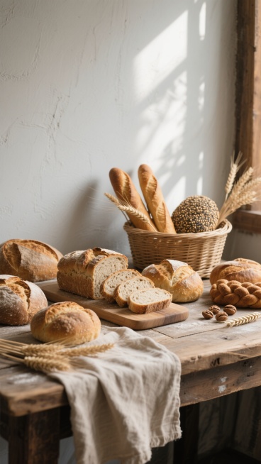 高清写实风格的烘焙主题背景，柔和自然光从侧上方照射，浅灰色墙面与复古做旧木纹桌面形成温暖中性色调，多种手工面包错落摆放——切片全麦面包置于木质面包板上，旁边散落着麦穗装饰，藤编篮中装满芝麻法棍、核桃欧包和辫子面包，搭配亚麻餐布的自然褶皱，面包表面呈现金黄酥脆的烘烤质感，光影过渡细腻，阴影柔和，整体营造出质朴温馨的烘焙坊氛围，突出食材本真与手工制作的温度感。预览效果