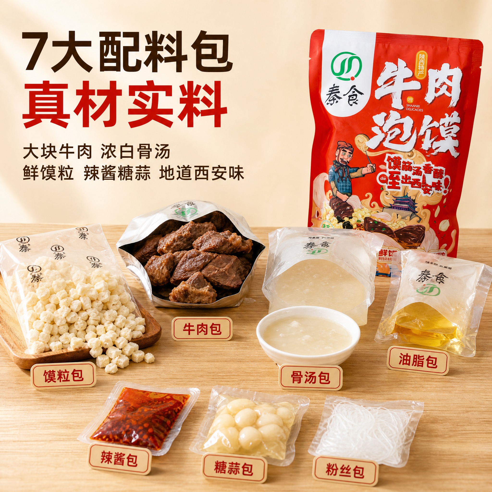 秦食牛肉泡馍电商主图 真材实料配料包展示 1:1正方形。 画面… - 图片创意预览