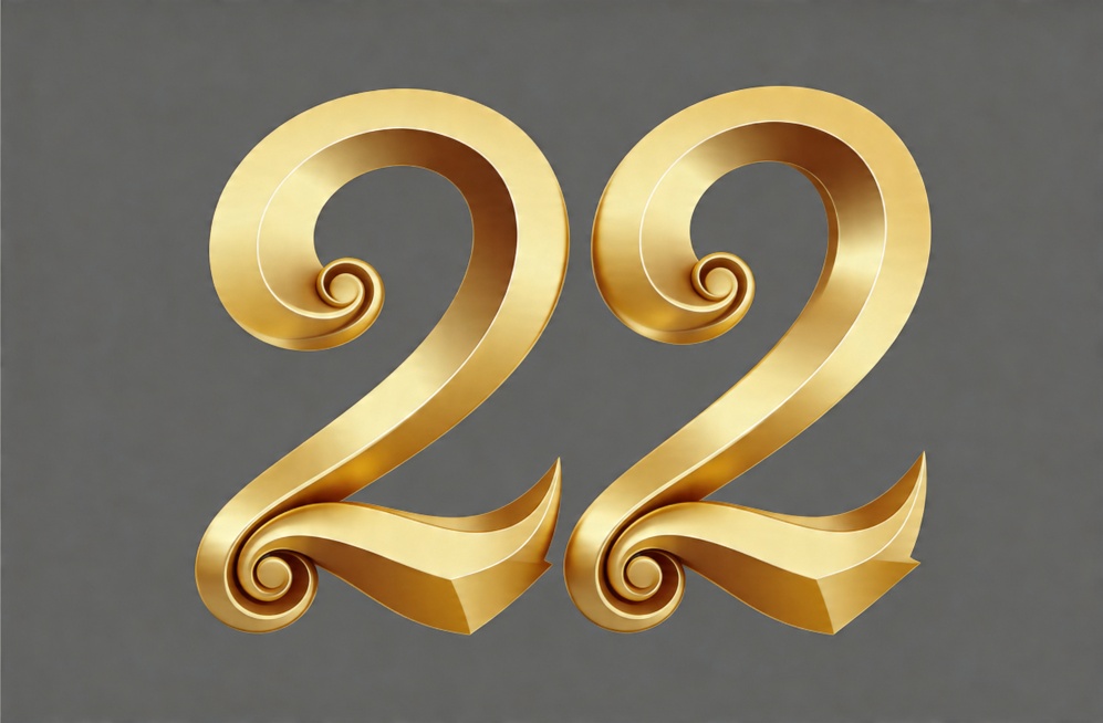 将图中的数字20修改为22，完全保留原有的金色3D立体卷曲艺术字风格，保持相同的笔画结构、光影效果和灰色纯色背景，文字整体完整呈现不被裁切预览效果