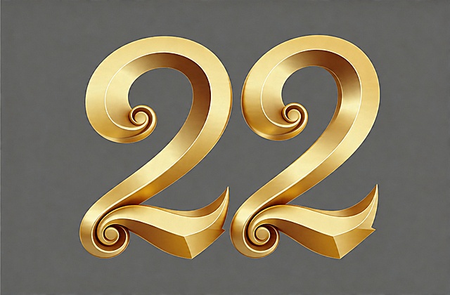 将图中的数字20修改为22，完全保留原有的金色3D立体卷曲艺术字风格，保持相同的笔画结构、光影效果和灰色纯色背景，文字整体完整呈现不被裁切