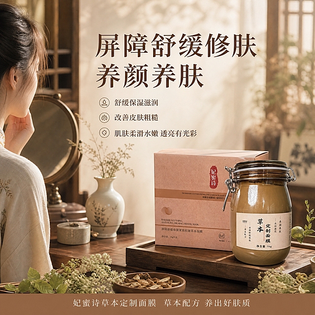 [主图-4] 功效总结与使用场景，展示屏障舒缓修肤、养颜养肤的核心功效，配合中式雅致场景。
[统一基调] 整体中药风格，沉稳古朴不花哨，主色调为大地棕、米白、赭石色，点缀草本绿色；主标题用干净宋体，深棕色大字，辅助文字用同体系小字；整体光影柔和自然。
[画面] 画面右侧放置妃蜜诗草本面膜玻璃罐+外盒套装，占比约40%，放置在木质托盘上；左侧为中式雅致场景局部，如古色古香的梳妆台一角，有铜镜、瓷瓶、干花、草本植物装饰，营造养颜养肤的东方美学氛围；可隐约看到一位穿着素雅中式服装的女性侧脸或背影（不突出面部，侧重氛围），正在享受护肤时刻；背景为暖色调虚化的中式室内空间。
[光影质感] 温暖柔和的自然光，像窗边午后阳光，整体氛围静谧雅致，产品质感真实，场景融合自然，商业摄影质感。
[配色] 主色大地棕+米白+暖木色，点缀赭石红和草本绿，整体暖调沉稳，中式雅致。
[文字版式] 左侧或上方主标题大字：「屏障舒缓修肤 养颜养肤」；下方排列三行小字功效：「舒缓保湿滋润」「改善皮肤粗糙」「肌肤柔滑水嫩 透亮有光彩」；底部小字：「妃蜜诗草本定制面膜 草本配方 养出好肤质」；文字排版端庄大气，符合中药养颜调性。
[输出要求] 比例1:1，2048x2048，产品清晰，场景氛围到位，文字清晰可读；负向：禁止医疗化夸张表达，禁止「温和」二字，禁止治疗功效暗示，禁止夸张前后对比，禁止错字，禁止花哨装饰，禁止水印，禁止平台Logo。