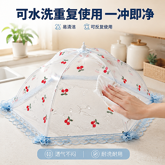 「图片1」，生成一套主图（10张），商品名称是餐桌罩，卖点是透气网纱面料，防虫防尘，风格是家居治愈风，适配拼多多平台，主图比例为1:1