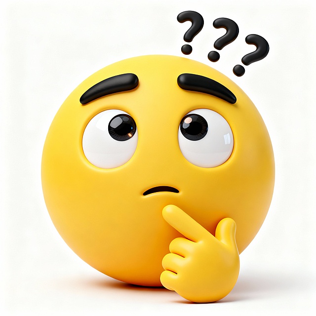主体内容：一个黄色的思考表情 emoji，眼睛睁大，头顶出现三个“？”符号，呈现出思考的神态。 场景设定：纯白色背景，突出 emoji 主体。 风格参考：3D 卡通渲染风格，质感圆润、饱满，类似黏土玩偶的质感。 色彩色调：以明亮的黄色（emoji 主体）为主，搭配黑色的眉毛、眼球，白色的眼白，整体色调鲜艳明快。 构图视角：正面平视角度，清晰展示 emoji 的面部表情和手部动作，突出思考的神态。 附加细节：emoji 表面有光滑的质感和柔和的光影效果，眼睛的高光部分细致，手指的造型圆润自然，增强了立体和生动的效果。