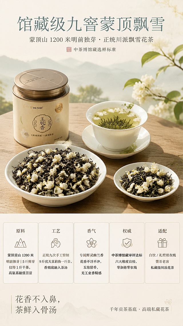 新中式极简雅致九窨茉莉花茶竖版海报，浅米柔光底，低饱和莫兰迪青绿搭配奶白茉莉配色，走馆藏级茶文化高级感，无花哨贴纸，无大字爆炸促销框，整体自然通透温润。画面主场景为自然光原木茶席，白瓷品茗杯冲泡茶汤，杯中挺立蒙顶独芽，浮几朵干茉莉，旁边平铺干茶（满身白毫独芽），背景虚化浅淡蒙顶山云雾远山剪影，桌面留白充足。包含用户提供的全部三张商品图，100%还原商品外形、包装、LOGO、印刷文字和净含量，保留原图包装和样子。顶部标题区，细宋体水墨淡青字，主标题："馆藏级九窨蒙顶飘雪"，小字辅标："蒙顶山 1200 米明前独芽・正统川派飘雪花茶"，点缀极小印章小字："中茶博馆藏选样标准"。中间主体视觉占海报60%版面，干茶特写条索紧秀单芽，满披白毫，无碎梗无叶片，质感细腻高级；茶汤特写澄黄绿亮，芽头直立，白花浮于汤面，还原"绿池飘雪"意境，窗边柔和自然光，无强光反光。中部五大精华卖点模块，分5块轻边框留白区块，小字清雅排版，每块配极简单线小图标：【原料】"蒙顶贡山 1200 米明前独芽｜5 斤鲜芽仅得 1 斤干茶，高氨基酸低苦涩"；【工艺】"正统九次手工窨制｜9 斤伏天茉莉换一斤茶，香彻底融入茶汤"；【香气】"专属鲜灵幽兰香｜花香不浮不冲，五泡留香，无工业香精感"；【权威】"中茶博馆藏审评达标｜六大维度盲检，零杂陈零农残"；【适配】"自饮 / 礼赠双在线｜懂茶老客私藏级川派花茶"。底部收尾区块：左侧短句slogan："花香不入鼻，茶鲜入骨汤"，右侧小字轻标注："千年贡茶基底・高端私藏花茶"，最底端留白预留社群上新福利区域。字体统一正文细宋体/宋楷，无网红粗圆体、艺术花体，不使用大红大紫喜庆配色，不堆砌满屏文字，大面积留白，主次层级清晰，全程使用内敛高级表述。版式精美，写实商业摄影，画面比例9:16。