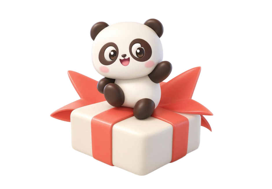将图1的草稿熊猫，用图2的3D立体风格重新绘制，需要具有设计感，保持熊猫坐在礼物盒子上的造型不变，保留圆润可爱的IP形象特征预览效果
