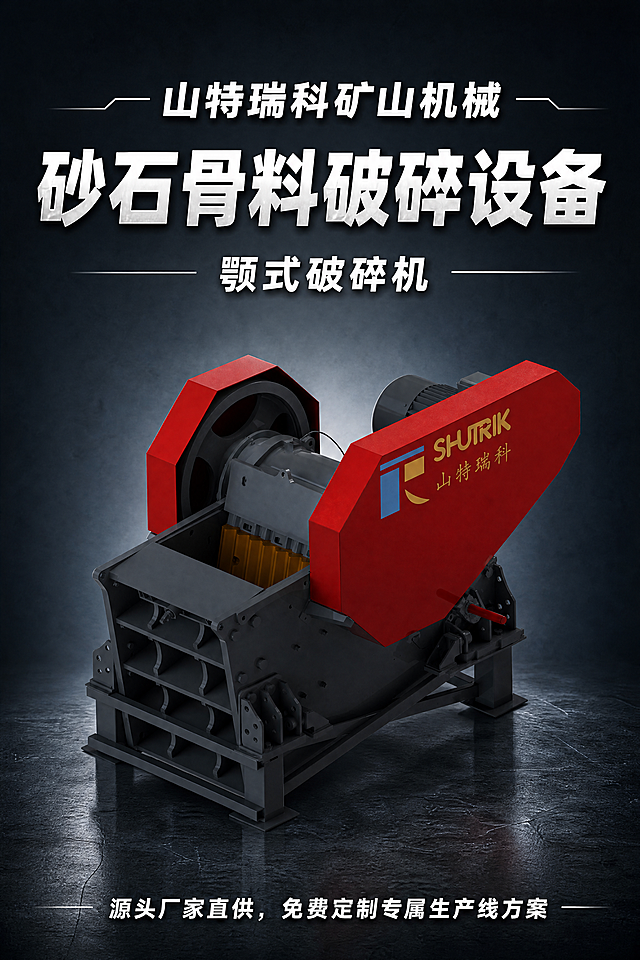 产品为颚式破碎机，100%还原上传商品图的产品外形、包装、LOGO、印刷文字，以上传图为唯一商品主体来源，完整保留原图中的轮廓、结构、比例、品牌logo、材质质感、颜色，包装、配色、产品结构均与上传图保持一致，设计仅作用于背景、光影、道具、版式和文字区，文字不遮挡主体。参考第二张图的版式骨架进行复刻，保留深色渐变工业风背景和图文排版结构，替换文案和商品。整体为硬朗工业风格，专业商务质感。顶栏文案为 "山特瑞科矿山机械"，主标题为 "砂石骨料破碎设备"，小标题为 "颚式破碎机"，底部文案为 "源头厂家直供，免费定制专属生产线方案"。所有文字使用白色并添加深色描边，保证清晰可读性，背景避免使用红色，所有文字均不遮挡设备主体，保持主体清晰可见。画面构图精美，层级分明，宽高比例为12:19，4K超清画质。