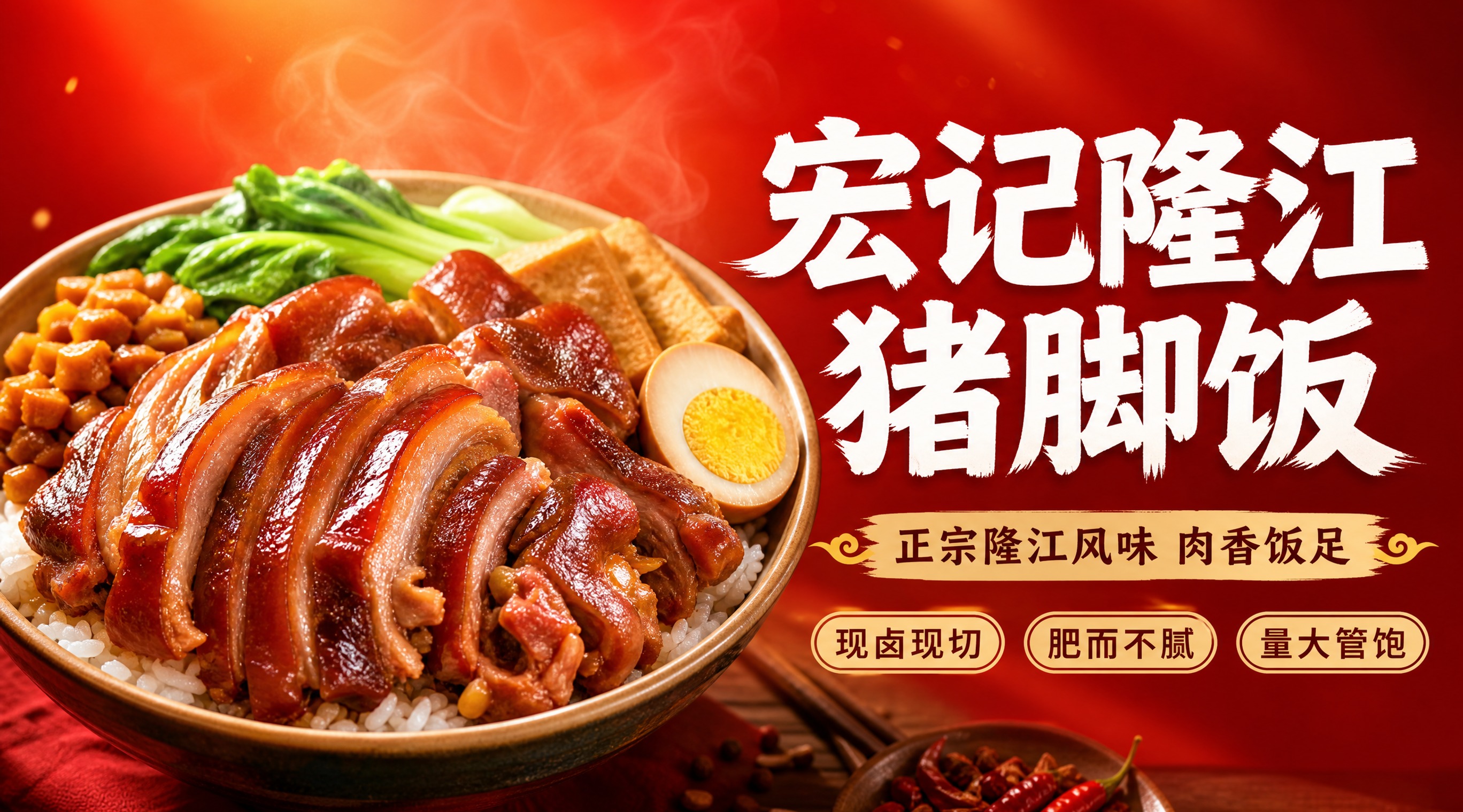 外卖店铺招牌设计，横版构图。左侧是一碗丰盛的隆江猪脚饭特写，猪… - 图片创意预览