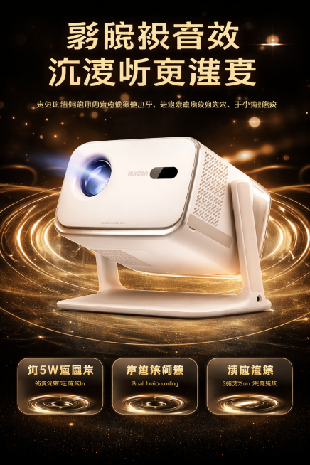 基于提供的投影仪图片，生成2:3竖版电商详情页产品卖点图，8K超清画质，整体为黑金轻奢风格，背景为纯黑色，主色调为黑色搭配鎏金色光影。画面顶部居中是大号浅金色主标题"影院级音效，沉浸听觉盛宴"，右侧是预览效果