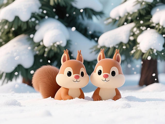 绘制2只 松鼠雪地露头的画面