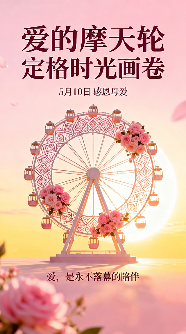 保留修改后的标题"爱的摩天轮定格时光画卷"和日期"5月10日感恩母爱"，在海报底部原图位置添加文字"爱，是永不落幕的陪伴"，保留原有的曼陀罗花纹摩天轮和整体粉色温馨风格，不改变其他元素