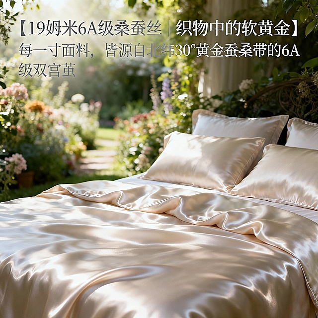 现在我的需求是作为电商设计人要求有平铺展示员，要做一套真丝床品四件套的电商套图。其中包括主图4张，详情页6张。 产品图片：平铺展示、铺床效果图、细节特写（凸显出真丝材质、极强光缎面光泽、纯色无花纹）。图片场景为森系花园背景下的奢华床品，目的是为了凸显出材质100%的天然成分。分辨率建议不低于800×800像素。

 文案信息大标题为：亲肤科学

【微米级丝胶保护层 | 第二层肌肤的透气哲学】

保留天然丝胶蛋白膜，形成0.1毫米的呼吸调节层。冬暖夏凉，湿度平衡，如同肌肤的「天然湿度管理系统」，整夜保持舒爽柔滑。触觉轻柔唤醒
    ▪ 产品卖点：睡眠中默默释放氨基酸，实现「穿戴式护肤」的夜间美学。 材质精粹
【19姆米6A级桑蚕丝 | 织物中的软黄金】
每一寸面料，皆源自北纬30°黄金蚕桑带的6A级双宫茧。19姆米的厚重质感，触手可温润，垂坠如流泉，是时间与自然共织的「软黄金」。

    ▪ 产品参数：沿袭非遗苏绣的「平、齐、细、密」工艺，每30厘米达72针的微绗缝，让丝胎如云朵般均匀贴合，不起团、不滑移，材质：100%真蚕丝