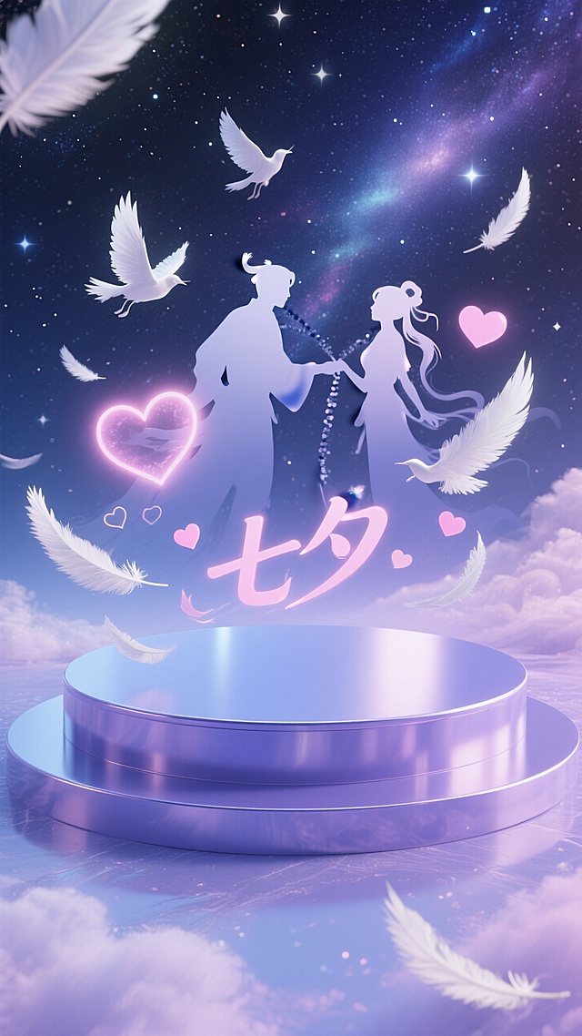 梦幻蓝紫色圆形展台，空中羽毛飞舞，浪漫星空，七夕元素氛围