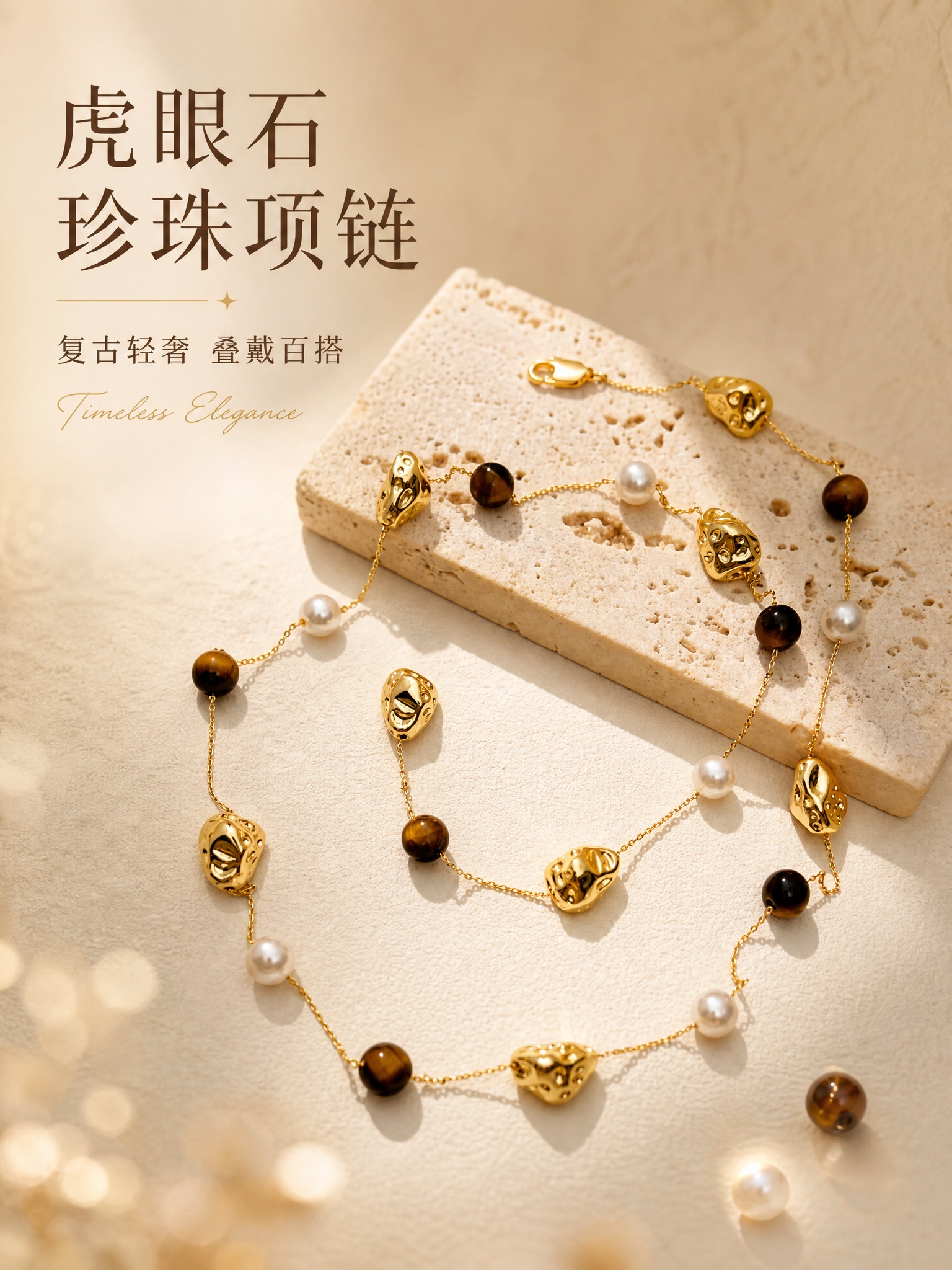 [主图-1] 虎眼石珍珠金珠项链 首图氛围展示 突出高级轻奢复… - 图片创意预览