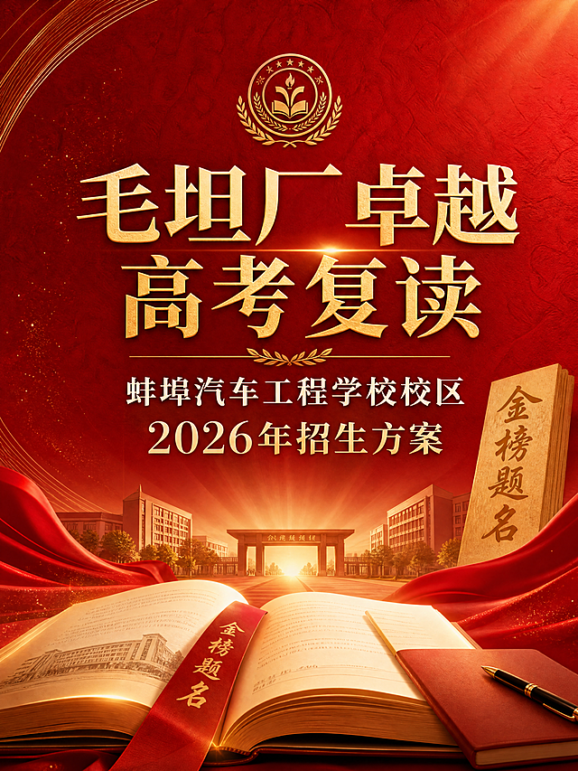 毛坦厂卓越高考复读蚌埠汽车工程学校校区2026年招生简章封面，庄重沉稳设计风格，主标题“毛坦厂卓越高考复读”副标题“蚌埠汽车工程学校校区 2026年招生方案”，搭配书本和高考元素，红色金色为主色调，高端大气教育招生封面设计，完整保留文字信息