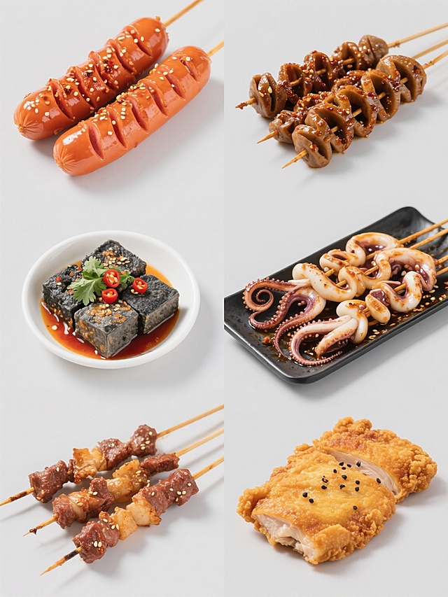 六个街头小吃素材规整排布，采用简约现代造型，纯色背景，无任何文字、logo和水印。每个素材均为高清写实风格，具有强烈的食欲感：左侧上方是两根表面切有螺旋纹路、撒满辣椒粉和芝麻的烤肠，色泽橙红油亮，肉质饱满；右侧上方是几串裹满酱料、呈现深褐色的烤面筋，表面有细密的孔洞，显得Q弹有嚼劲；左侧中间是盛放在白色小碟中的臭豆腐，豆腐块呈灰黑色，表面酥脆，点缀着红色的辣椒酱和绿色的香菜；右侧中间是几串铁板鱿鱼，鱿鱼须卷曲，肉质洁白，表面覆盖着油亮的酱汁和孜然粒；左侧下方是几串烤肉串，肉块大小均匀，呈棕红色，肥瘦相间，撒有芝麻和香料；右侧下方是一块炸鸡排，外皮金黄酥脆，内部鸡肉鲜嫩多汁，表面撒有少量黑胡椒粒。所有小吃都具有清晰的纹理细节、自然的光影效果和诱人的色彩表现，整体画面干净整洁，突出食物本身的质感和美味。