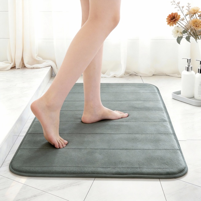 图上的珊瑚绒记忆棉地毯是我的产品，请使用我的产品帮我生成亚马逊商品图，构图高级，富有张力，电影质感，1600:1600比例，超高清：
核心元素：浅灰色记忆棉浴室地垫，一双白皙光脚轻踩地垫，一只脚落地、预览效果