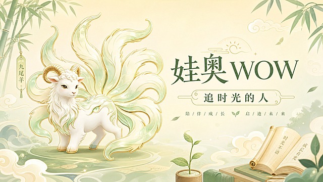 小程序首图banner设计，750×422px，9:5比例。米黄色和浅绿色为主色调，温暖清新的国潮教育品牌感。以图中的九尾羊神兽为伴读IP形象，保持神兽特征：白色羊身、金色羊角、九尾毛发，将神兽毛发的蓝色调整为浅绿色渐变，与整体色调统一。神兽放置在画面左侧，姿态优雅温柔。右侧为品牌文字区：主标题"娃奥 WOW"，副标题"追时光的人"，深绿色优雅字体，排版有层次有品牌感。背景为米黄色渐变，点缀浅绿色竹叶、祥云、书卷、嫩芽等清新教育元素，留白适中，整体温暖有灵气，高级有质感。