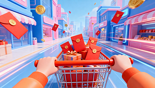 C4D卡通渲染，第一人称视角，3D电商促销场景，双手紧握橙红色购物车扶手，购物车装满礼盒红包，背景是未来感十足的蓝粉色系城市商业街，两侧是卡通化的店铺建筑，悬浮着红包、金币等元素，明亮通透的光影，速度感的动态线条和光效，活泼热闹的沉浸式购物氛围，8K超高清，横版构图，电商促销视觉，柔和卡通质感