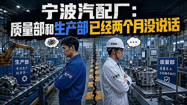 微信公众号文章封面图，主题为「宁波汽配厂：质量部和生产部已经两个月没说话」。画面采用幽默讽刺的职场风格，左侧是穿蓝色工服的生产部员工，右侧是穿白大褂戴安全帽的质量部质检员，两人背对背站在汽配工厂车间里，中间隔着一条明显的分界线，周围有汽车零部件、流水线、机械臂等汽配厂元素。画面上方有醒目的大字标题文案："宁波汽配厂：质量部和生产部已经两个月没说话"，字体醒目有冲击力。整体色调偏工业风，蓝灰色调为主，带有新闻资讯感，构图居中，适合16:9公众号封面比例。