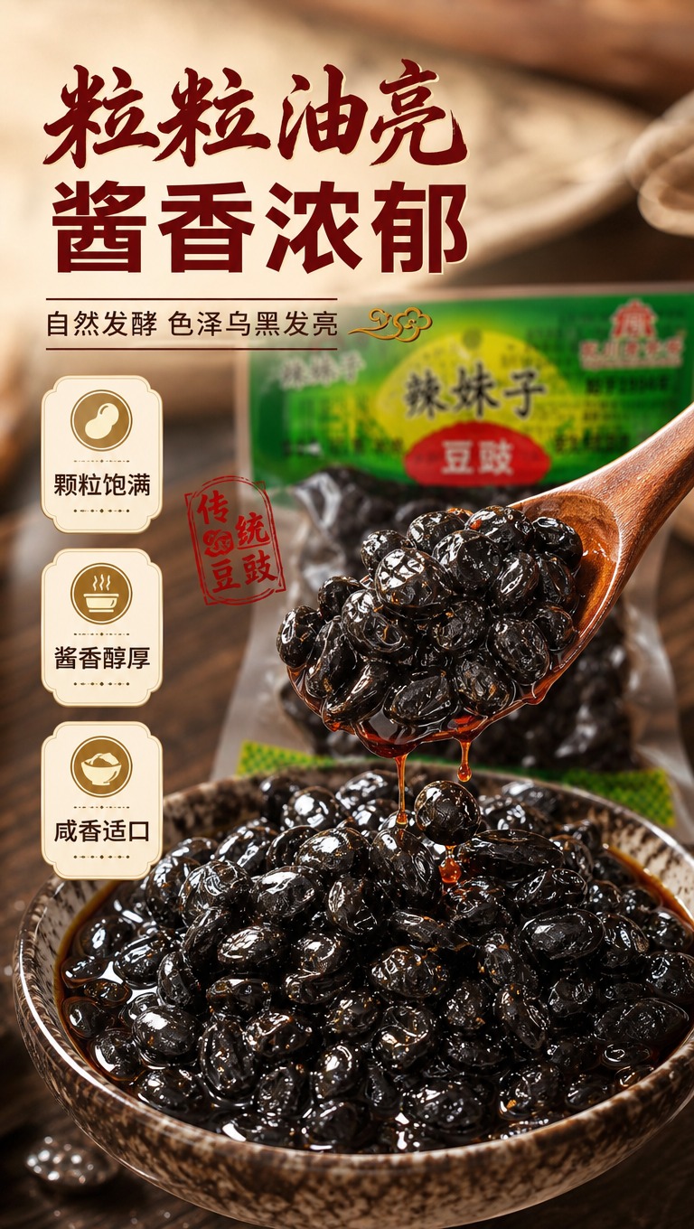 [商品] 使用【图1】辣妹子豆豉产品；保留包装原貌，袋内黑色豆… - 图片创意预览