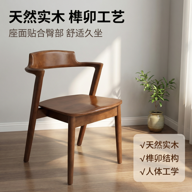 [主图 1] 实木椅子北欧新中式客厅场景首图
[氛围/风格] 温馨北欧新中式混搭，暖调自然光，午后慵懒舒适家居氛围
[画面元素] 保留用户上传原图中的胡桃木色实木椅子完整外观和造型，将椅子放置在现代简预览效果