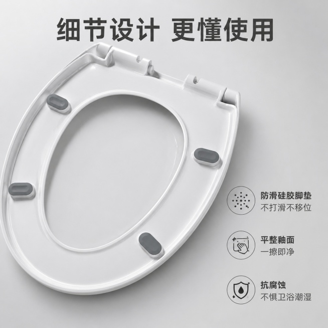 [第6屏] 细节功能展示-防滑脚垫与易清洁细节。本屏使用【图1】展示底部防滑脚垫细节。
[氛围/风格] 特写说明，清晰直观，突出细节优势。
[元素布局] 页面对角线构图，左上展示马桶盖板底部四个灰色防预览效果
