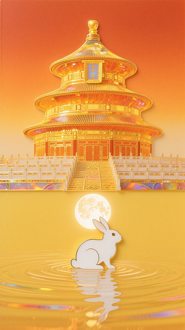 鎏金风3D插画，中式古典建筑辉映满月，玉兔静坐水面，倒影涟漪，尽显中秋的神圣、梦幻与优雅。