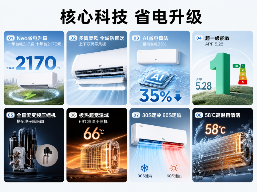 [第2屏] 核心卖点汇总展示-TCL壁挂式空调多卖点聚合展示。本屏参考【图2】版式布局，使用商品特征来自【图1】。
[氛围/风格] 清晰信息板式，简约科技风，蓝浅灰拼接背景，信息分区清晰，专业干净。预览效果