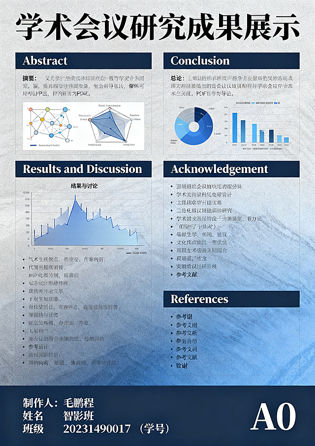 学术会议海报制作要求内容：各专业领域SCI或会议论文（必须包括Abstract, Results and Discussion, Conclusion, Acknowledgement and References五部分，其他部分如Introduction、Experimental Section等可酌情增删），多图少字语言：英文尺寸：A0（841mm×1189mm）格式：PDF（可由PowerPoint、Adobe Illustrator等软件导出）海报合适位置标注制作人姓名毛鹏程、班级智影班，学号 20231490017需包含设计元素（文字、配色、版式构图等），拒绝纯色背景海报