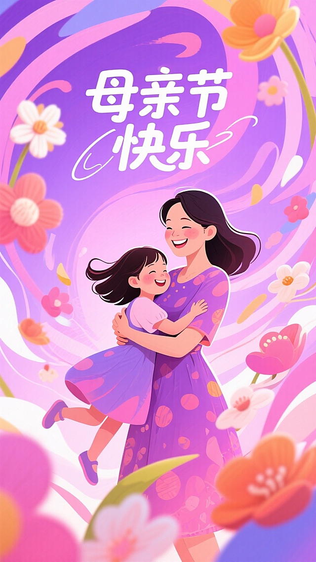 插画风母亲节海报，温馨甜美，卡通人物拥抱，大字“母亲节快乐”，花海环绕。