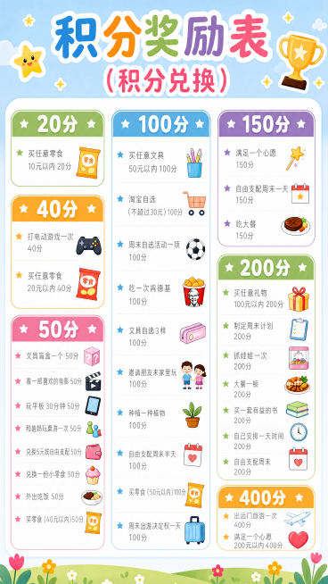 保持原有排版结构、三栏分块、配色风格不变，修正错别字和项目内容：将原50分块的最后一项从买零食（20元以内）改为买零食（40元以内） 50分，其余项目保持文字和分值对应正确：
完整正确内容：
20分：预览效果