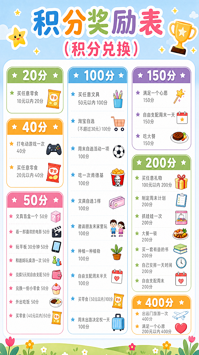 保持原有排版结构、三栏分块、配色风格不变，修正错别字和项目内容：将原50分块的最后一项从买零食（20元以内）改为买零食（40元以内） 50分，其余项目保持文字和分值对应正确：
完整正确内容：
20分：买任意零食 10 元以内 20 分
40分：打电动游戏一次 40 分，买任意零食 20 元以内 40 分
50分：文具盲盒一个 50 分，看一部喜欢的电影 50 分，玩平板 30 分钟 50 分，和爸妈玩桌游一次 50 分，兑换 5 元钱自由支配 50 分，兑换一份小零食 50 分，外出吃饭 50 分，买零食（40元以内） 50 分
100分：买任意文具 50 元以内 100 分，淘宝自选（不超过 30 元） 100 分，周末自选活动一项 100 分，吃一次肯德基 100 分，文具自选 3 样 100 分，邀请朋友来家里玩 100 分，种植一种植物 100 分，自由支配周末半天 100 分，买零食（50 元以内） 100 分，周末出游决定权一天 100 分
150分：满足一个心愿 150 分，自由支配周末一天 150 分，吃大餐 150 分
200分：买任意礼物 100 元以内 200 分，制定周末计划 200 分，抓娃娃一次 200 分，大餐一顿 200 分，买一套有益的书 200 分，自己安排一天时间 200 分，自由支配周末 200 分
400分：出远门旅游一次 400 分，满足一个心愿 200 元以内 400 分
修正所有错别字，保持原有装饰和风格不变