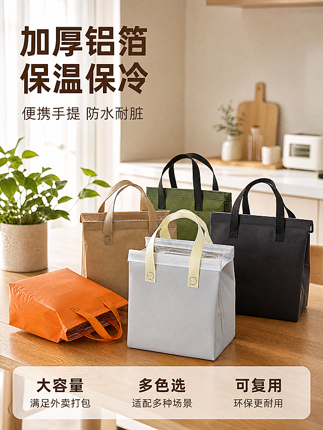 [主图-1] 温馨外卖手提袋场景首图
[氛围风格] 温馨居家简约风格，真实自然的生活氛围感
[画质] 商业摄影质感、光线柔和通透、产品清晰真实、画面干净高级
[元素] 保温手提外卖袋放在木质餐桌上，袋口敞开模拟手提外卖打开动作，里面预留外卖盒子摆放空间，不出现人物，背景为浅米色温馨厨房墙面，旁边搭配一株小型绿植点缀，保持袋子外观（物理结构、材质质感、颜色）与输入产品图绝对一致，杜绝任何变形和色差，精细化处理。商品主体占比严格控制在65%左右；画面满屏无边框
[光影] 上午厨房窗边柔和自然光，主光从左侧窗边照入，均匀打在袋子表面，右侧加柔和补光减少阴影，整体光影干净通透，凸显袋子的材质质感
[配色] 主色调为温馨浅米色背景，保留产品本身多色质感，整体配色干净温馨，浅底突出产品主体
[视角构图] 平视四分之三构图，产品居中作为视觉焦点，景深适中，前景餐桌清晰，背景轻微虚化
[文字版式] 左上负空间左对齐留安全边距，大字主文案"加厚铝箔 保温保冷"，深棕色最大号粗体无衬线；辅助短句"便携手提 防水耐脏"，约半高同色系略浅；底部通栏半透明渐变蒙层均分三列，列内上短句下说明左对齐：列一 "大容量" "满足外卖打包" 列二 "多色选" "适配多种场景" 列三 "可复用" "环保更耐用"，上层短句更粗，深棕色与浅底强对比
[比例分辨率] 3:4 比例，4k 分辨率；文字清晰锐利，画面超高清
[负向提示词] 变形，水印，文字错乱，产品图模糊，背景杂乱，人物出现，色差