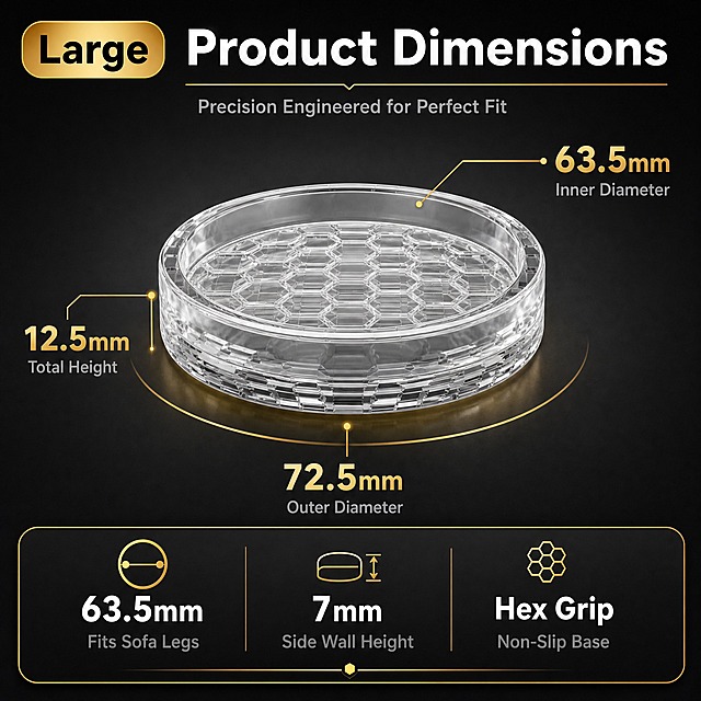 [Amazon尺寸图 黑金配色 Large 63.5mm] Jenck透明硅胶家具脚垫尺寸参数图，Large型号63.5mm，1:1正方形，黑金高端配色，高级感强，促进转化。

[整体布局] 采用"上标题+中产品3D标注+下参数卡片"的三段式高级布局，摒弃原图的左右分栏简陋排版。深灰到黑色渐变背景，金色线条和文字点缀，整体科技高端感。

[顶部标题区]
- 左上角金色圆角胶囊标签，黑色粗体字 "SIZE L" 或 "Large"
- 右侧大标题：白色粗体 "Product Dimensions"，下方金色细线装饰
- 标题下方一行小字：灰色 "Precision Engineered for Perfect Fit"

[中部产品3D展示区]
- 画面中心偏上位置：一个大尺寸透明硅胶脚垫3D立体展示，略微俯视45度角，产品占画面核心位置，清晰展示内部六边形蜂窝纹路
- 产品上有3条金色标注引线，分别指向三个尺寸，引线末端是金色小圆点，引线线条纤细精致：
  1. 从顶部内圈直径引出，右侧标注金色大号数字 "63.5mm"，下方灰色小字 "Inner Diameter"
  2. 从底部外圈直径引出，下方标注金色大号数字 "72.5mm"，下方灰色小字 "Outer Diameter"
  3. 从侧面高度引出，左侧标注金色大号数字 "12.5mm"，下方灰色小字 "Total Height"
- 产品下方有一个金色半圆弧线托底，增加高级感和悬浮感

[底部参数卡片区]
- 画面底部一张深灰色圆角参数卡片，带细微金色描边
- 卡片内分三列，每列上方金色小图标，中间白色大数字，下方灰色说明文字：
  左列：直径图标 + "63.5mm" + "Fits Sofa Legs"
  中列：高度图标 + "7mm" + "Side Wall Height"
  右列：防滑图标 + "Hex Grip" + "Non-Slip Base"
- 卡片底部一条细金色装饰线

[产品外观] 严格保持：圆形透明硅胶脚垫，带围边，内部六边形蜂窝纹路，底部方格纹路，高透硅胶材质

[背景与光影] 深炭灰到黑色的径向渐变背景，中心稍亮四周渐暗，产品有柔和的顶光和侧光，透明材质有清晰高光和折射，底部有柔和金色反光，整体立体感和高级感强。

[配色] 主色：深灰黑渐变背景；强调色：金色（标注线、数字、图标、装饰线）；文字：白色标题 + 灰色说明文字

[比例分辨率] 1:1正方形，2048x2048像素，2K分辨率，尺寸数字清晰可读

[负向提示词] 蓝色、红色、绿色、简陋排版、左右分栏、蓝色圆角框、沙发图片、中文文字、水印、模糊、变形、产品穿模、方格纹路内部（内部必须是六边形蜂窝纹路）、廉价感