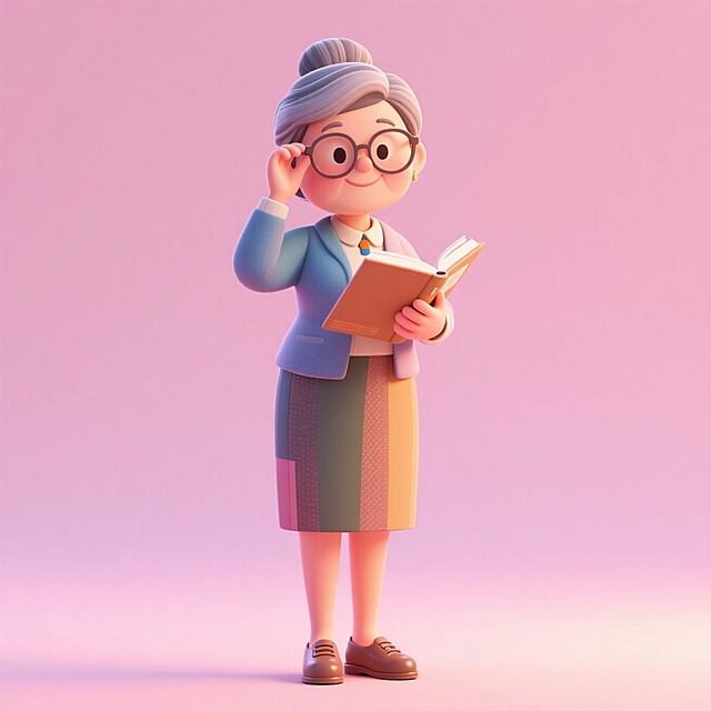 中年女教师（拿课本，手扶眼镜，穿小皮鞋），全身，元素完整。浅粉色渐变背景